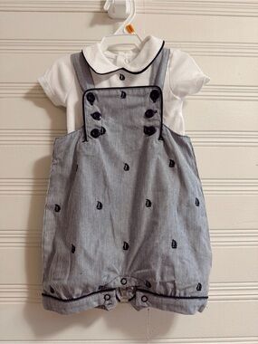 Striped Embroidered Sailboat Romper with White Collar Tee